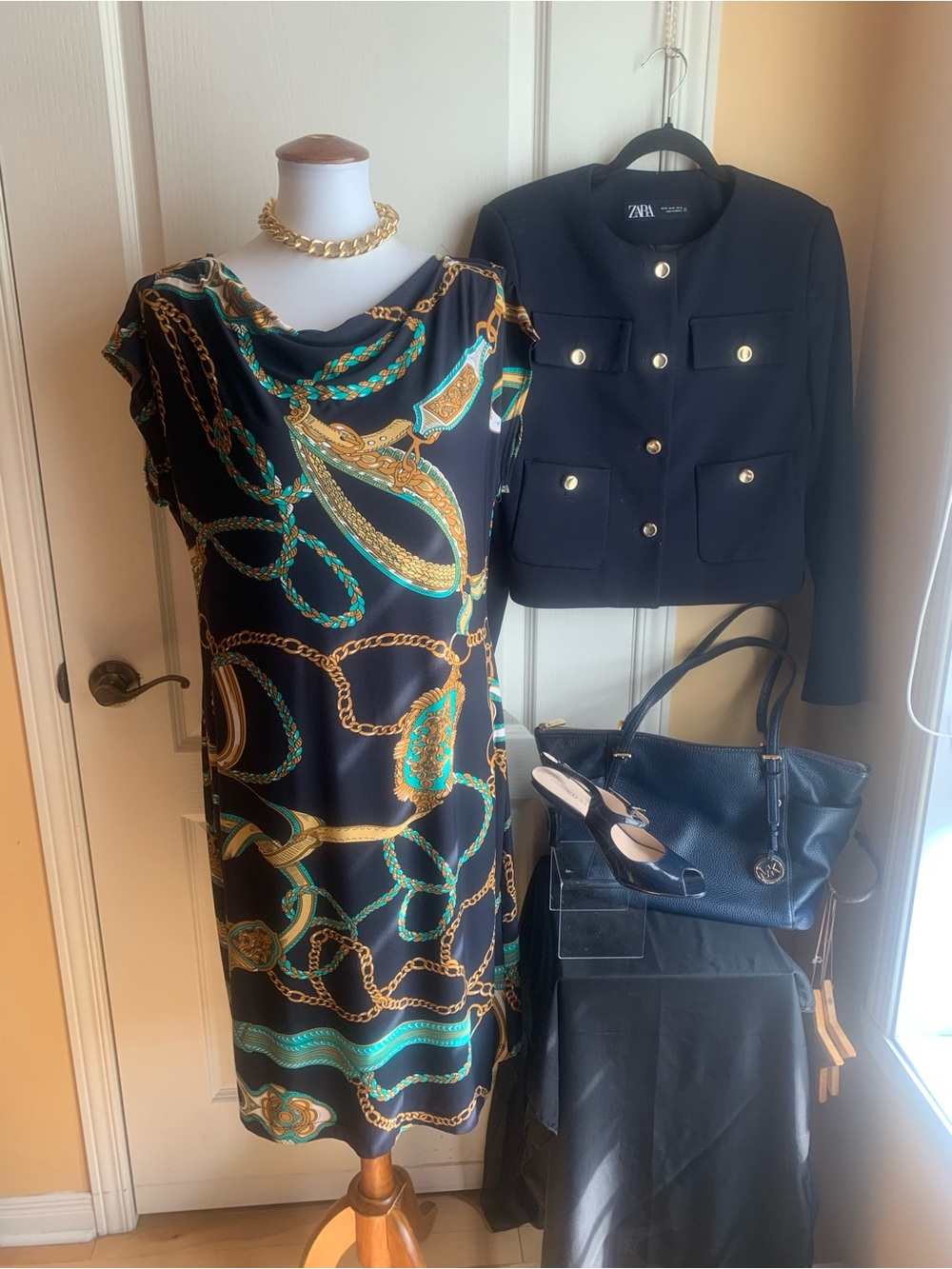Chain-Print Slip Dress with Teal & Gold Accents